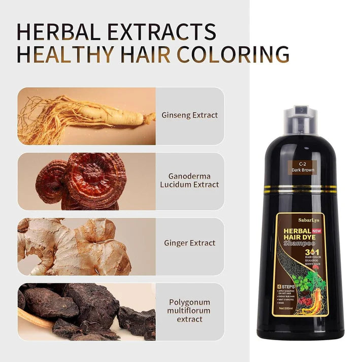 Black Hair Dye Shampoo Instant 3 in 1 +100% Grey Coverage - Herbal Ingredients