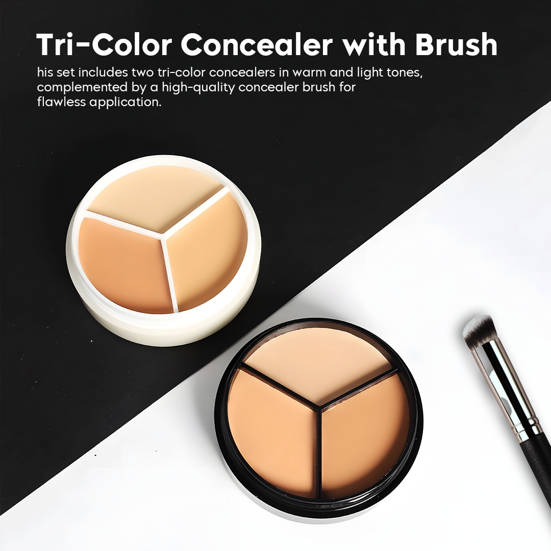 Tri-Color Concealer - Moisturizing & Long-lasting - Pack of 2 concealers + Brush