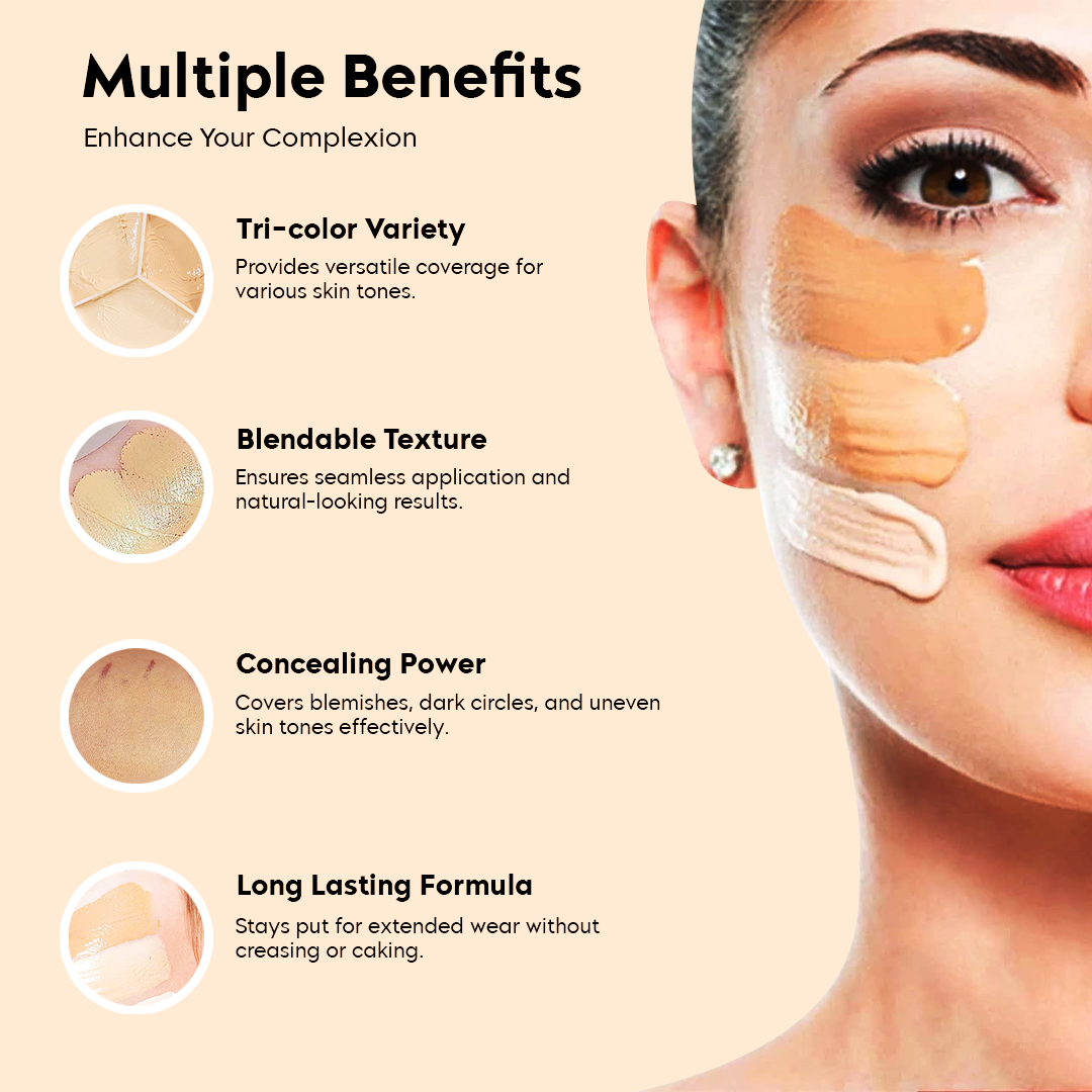 Tri-Color Concealer - Moisturizing & Long-lasting - Pack of 2 concealers + Brush
